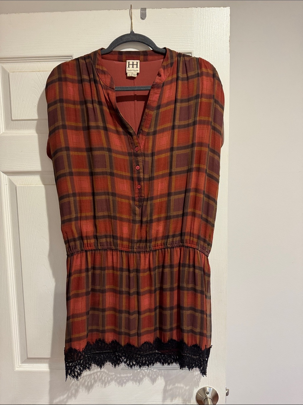 Haute hippie Women's Rust Plaid Lace-Hem Tunic Top size l
